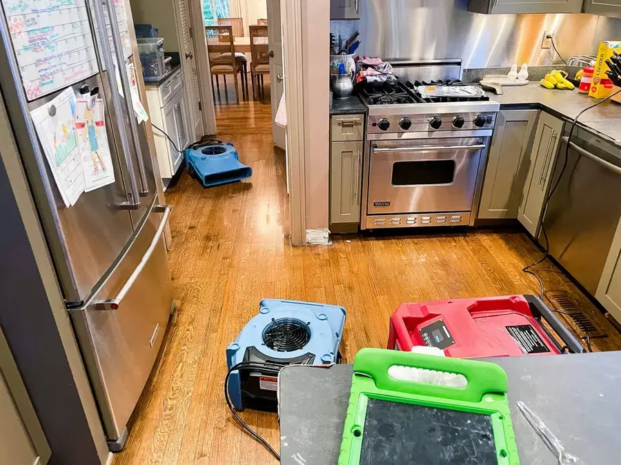Air movers drying a wet hardwood kitchen floor in Cordova