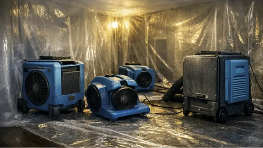 Air movers and dehumidifiers inside plastic containment during a Cordova dry-out