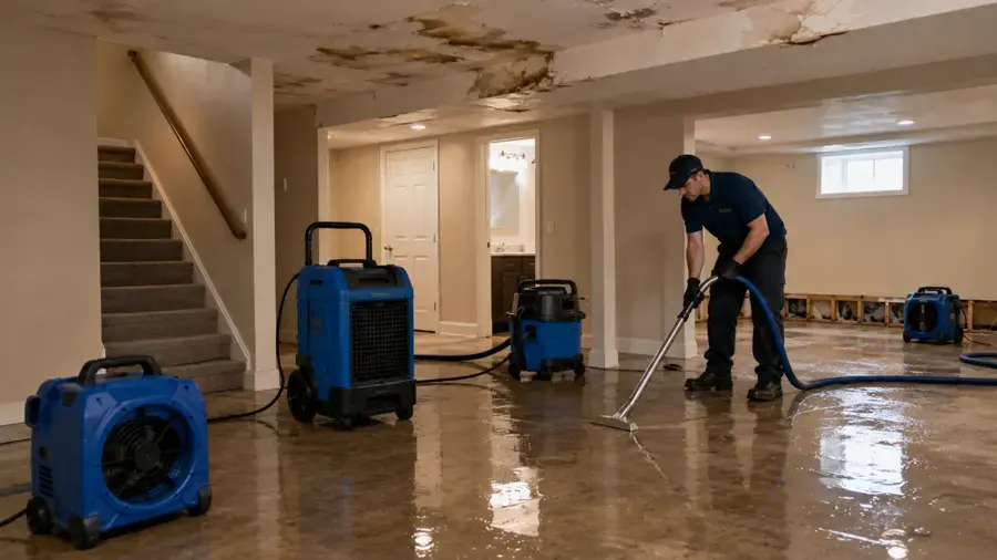 Technician extracting standing water with dehumidifiers running in a flooded Cordova home