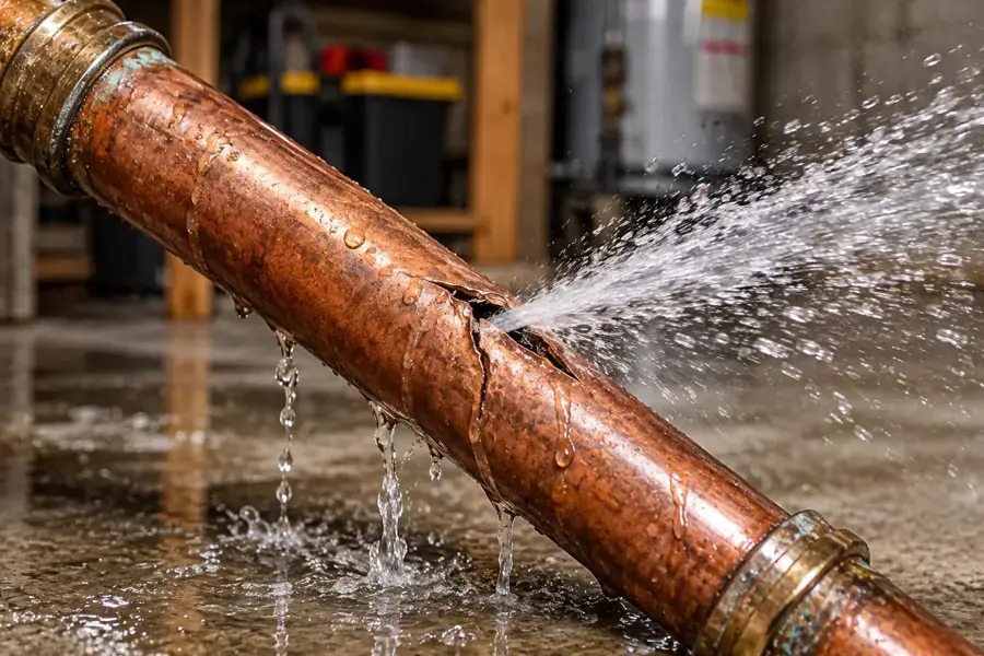 Copper supply pipe split open and spraying water in a Cordova home