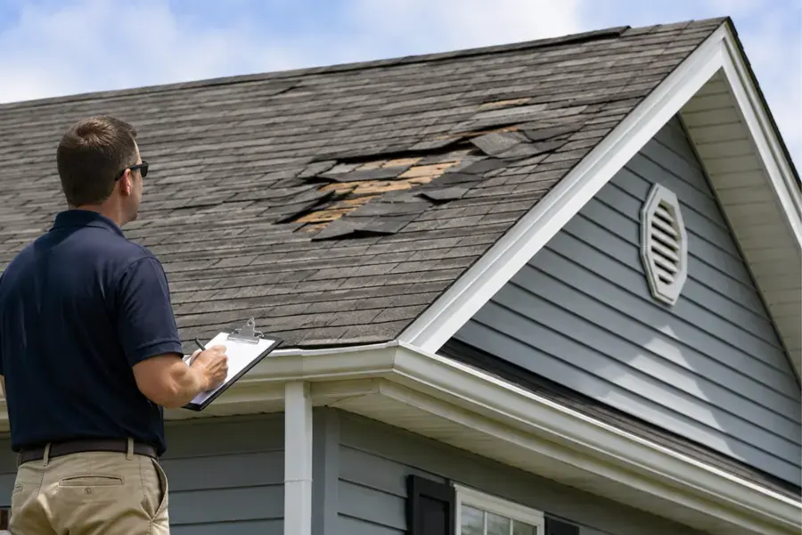Storm-damaged shingles over a roof leak on a Cordova house
