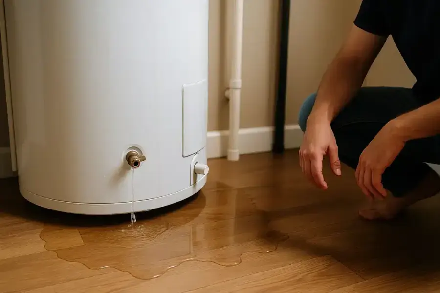 Water leaking from the base of a water heater onto a Cordova floor